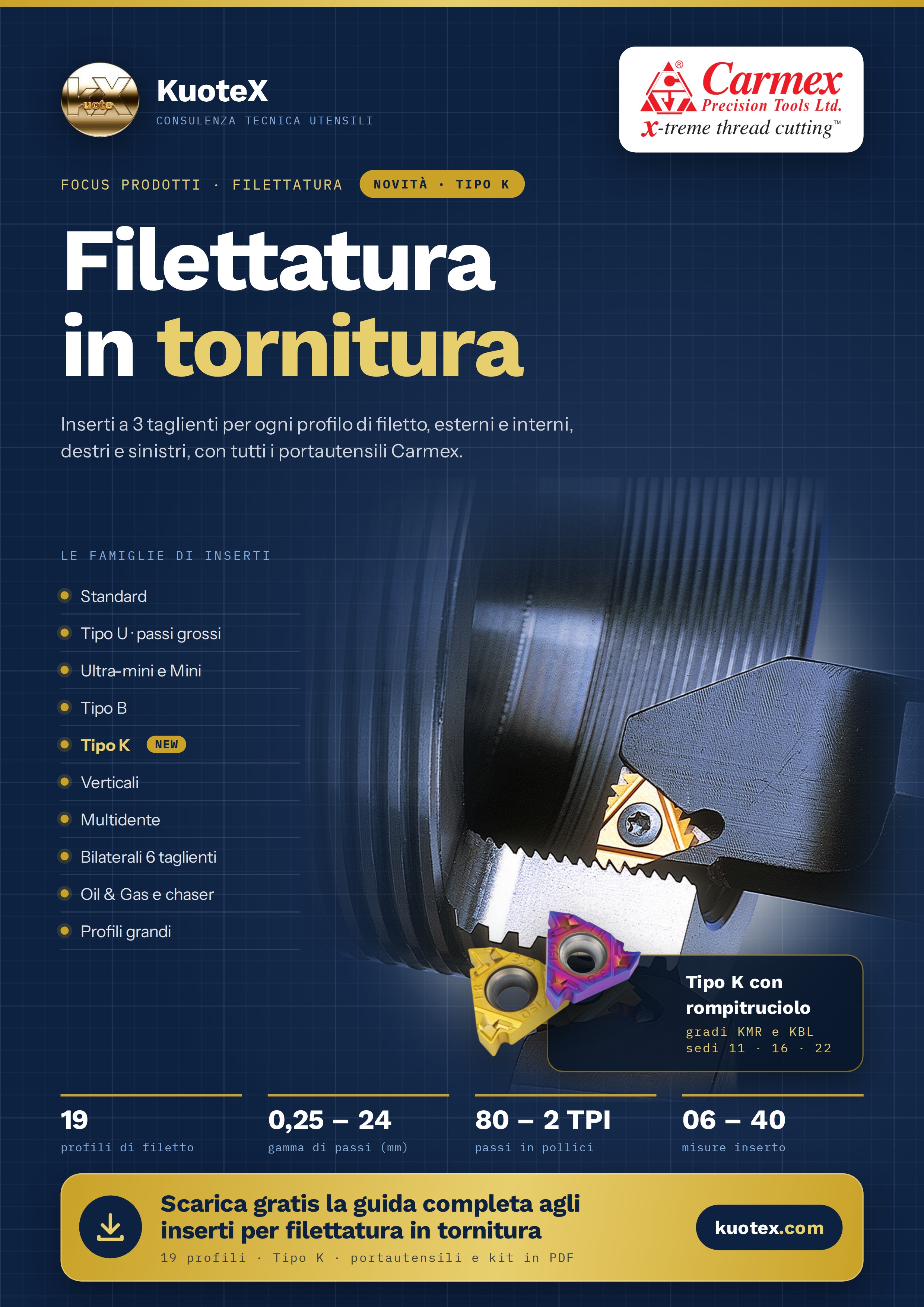 Inserti per filettatura su tornio Carmex